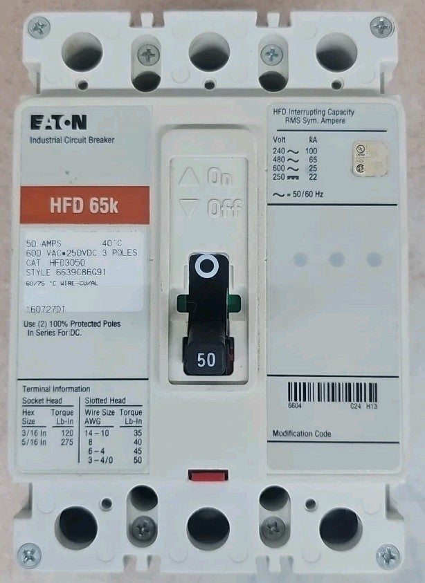 EATON CUTLER HAMMER HFD3050 HFD 3 POLE 50 AMP 480v 65KAIC CIRCUIT BREAKER RED