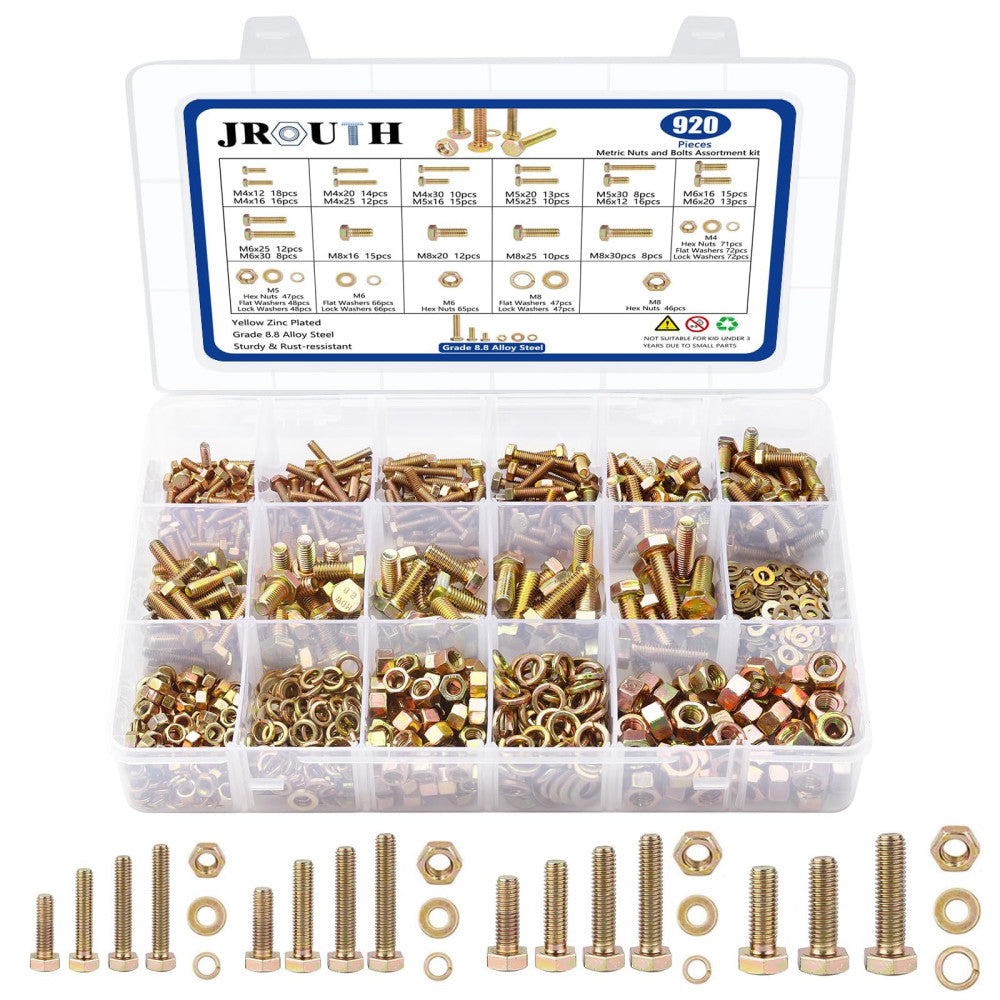 920PCS Grade8.8 Metric Bolt and Nut Assortment, M4/M5/M6/M8 Heavy Duty Hex He...