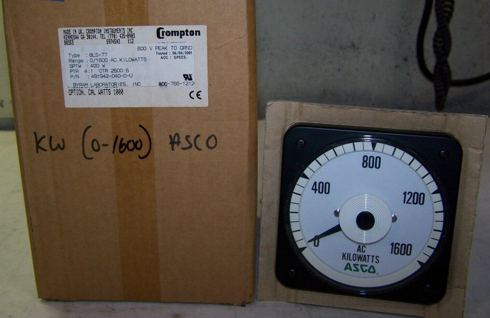 NEW ASCO CROMPTON BLS-77 0-1600 AC KILOWATTS PANEL METER 491942-040-D-U