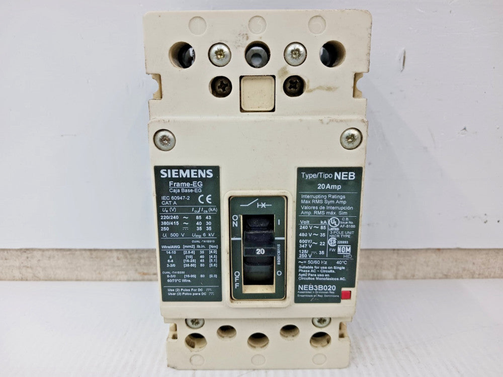 Siemens 20 Amp Bolt-On Circuit Breaker 3 Pole 600Y/347 VAC 35kA NEB3B020 (Flaw)