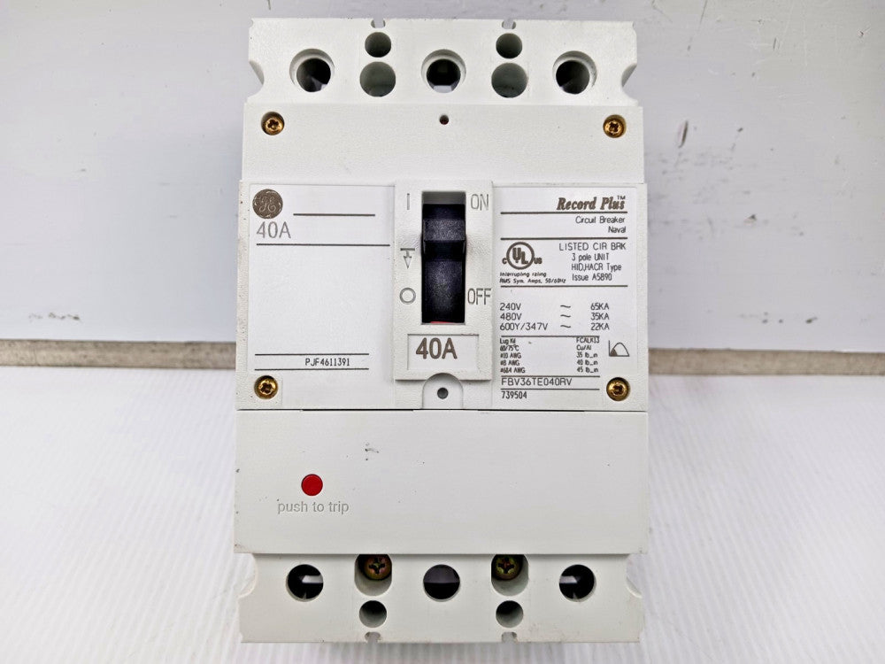 GE Record Plus 40 Amp Circuit Breaker 3 Pole 600Y/347 VAC 35kA FBV36TE040RV