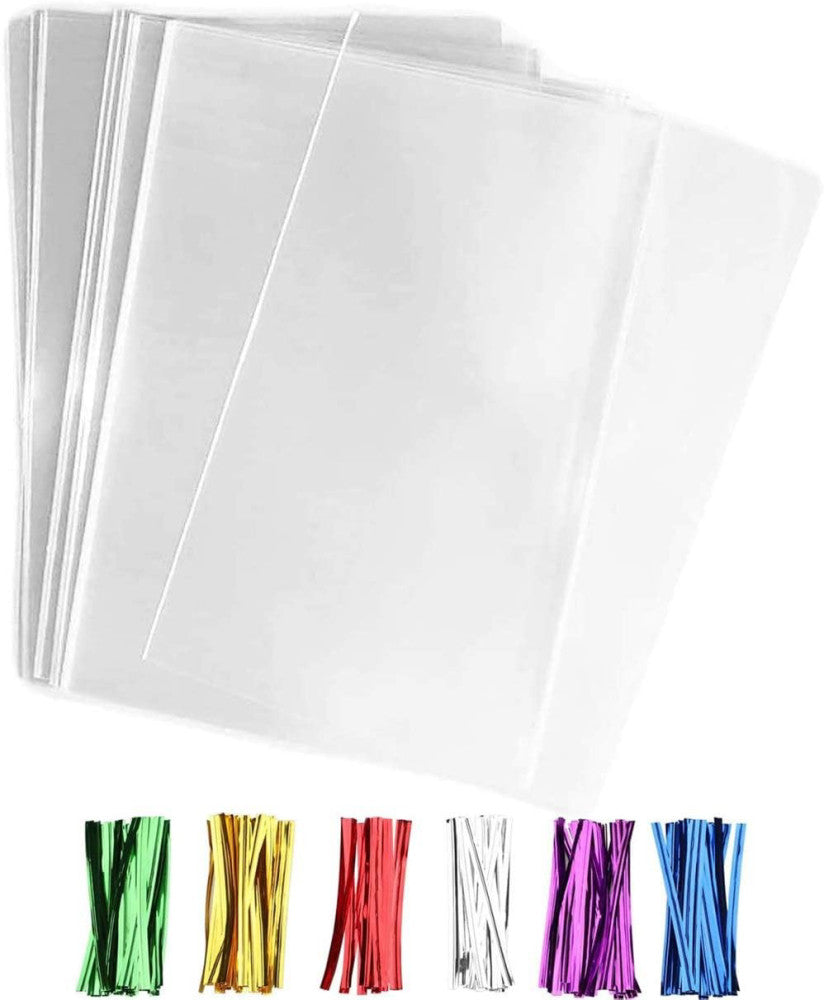 200 Pack 4x9 Inch Clear Cellophane Bags with Twist Ties for Candy Cookies