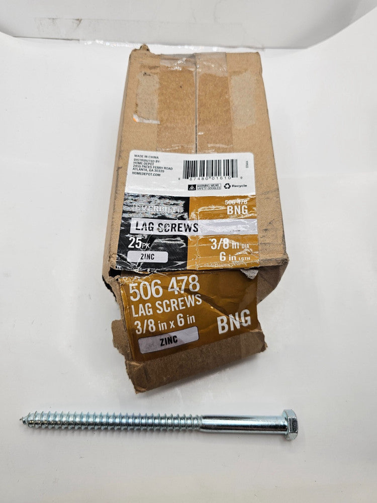 (25 PIECES) EVERBILT 506478 3/8" x 6" Hex Zinc Plated Steel Lag Bolts Screws