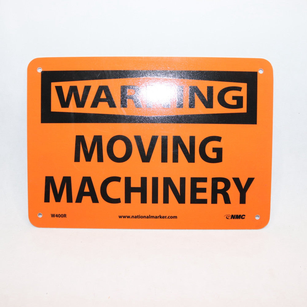 NMC "WARNING - MOVING MACHINERY" Sign Rigid Plastic Black/Orange 10" L x 7" H