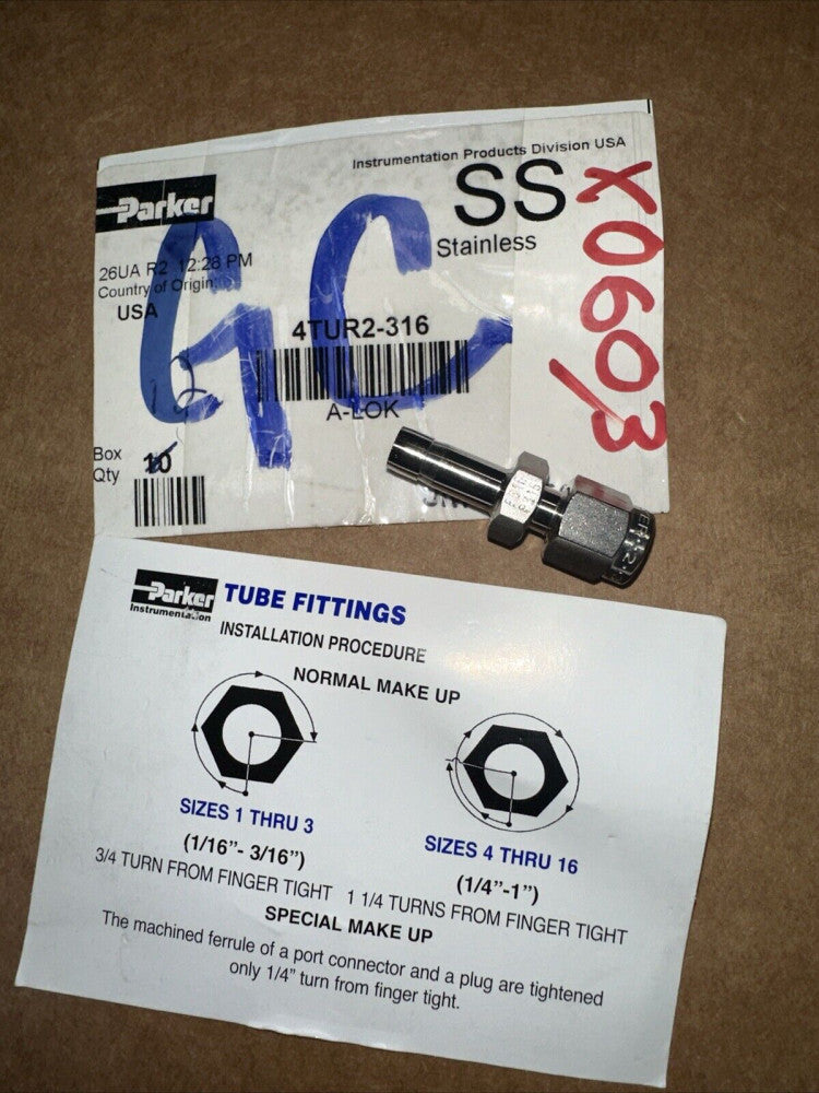 4TUR2-316 PARKER Tube End Reducer,SS,A-LOK,1/4In x 1/8In 20YY38