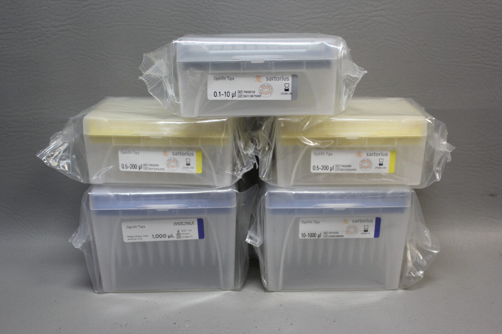 LOT OF 5 RACKS SARTORIUS OPTIFIT TIPS MISC SIZES 0.1-10, 0.5-200, 10-1000 UL