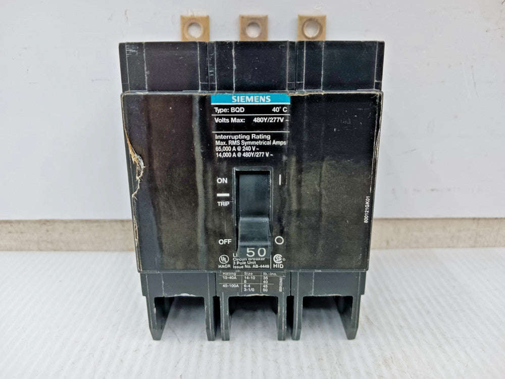 Siemens 50 Amp Bolt-On Circuit Breaker 3 Pole 480Y/277 VAC 65kA BQD350