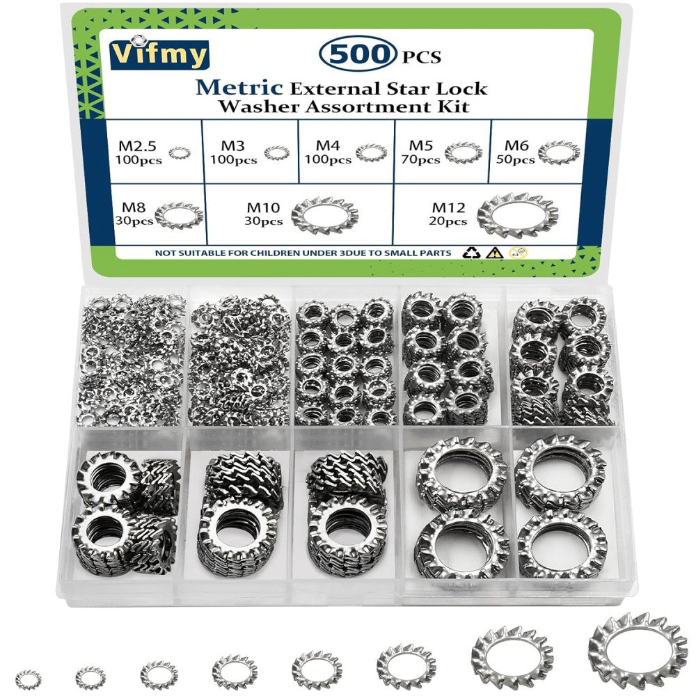500 Pack External Tooth Lock Washers Assortment Kit Stainless Steel Star Washers