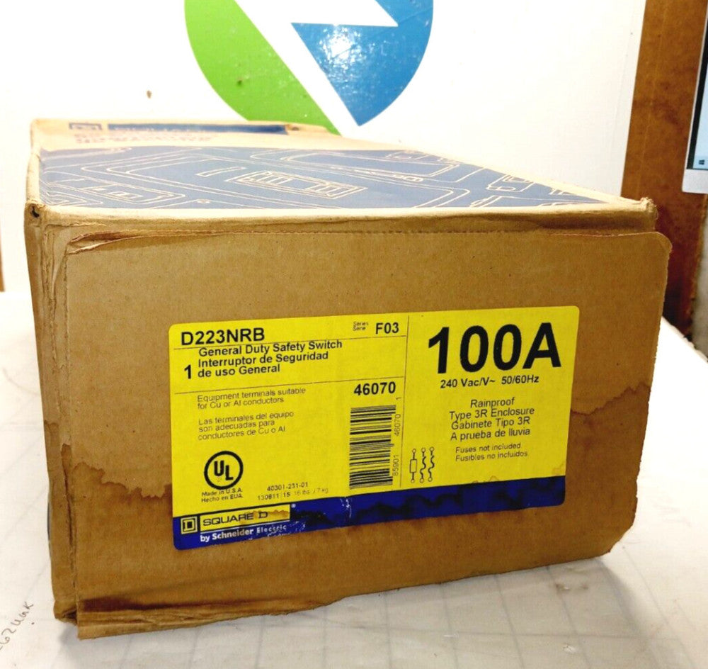 NEW SEALED SQUARE D 100 AMP SAFETY SWITCH 2 POLE 240 VAC 3R RAINPROOF D223NRB