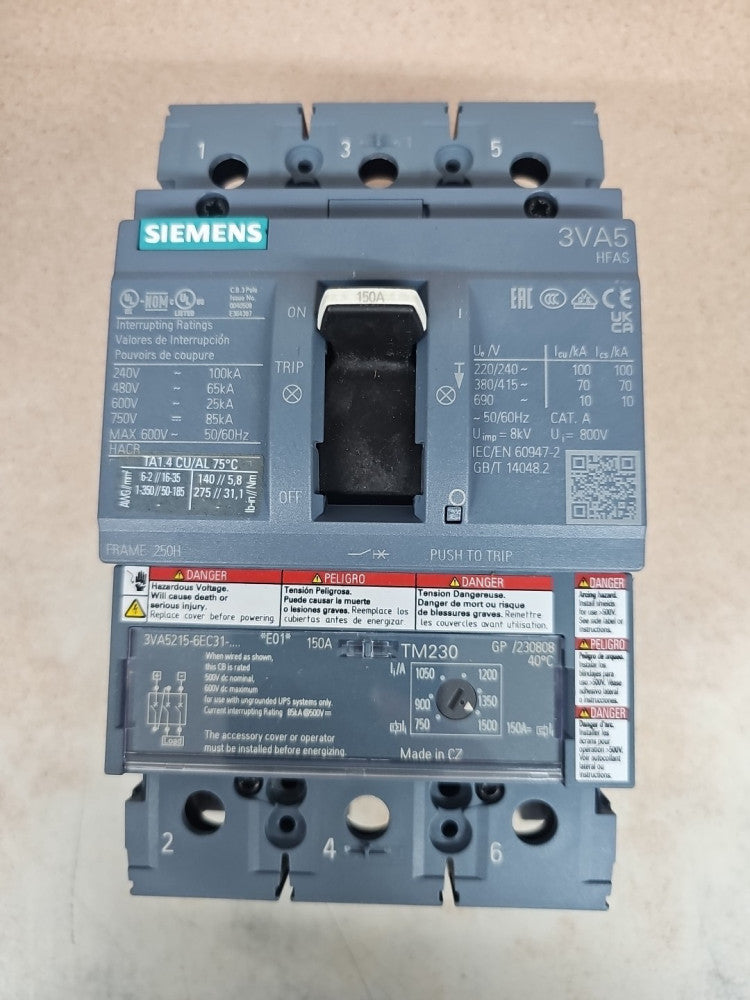 SIEMENS 3VA5215-6EC31-0AA0 3 Pole 150 Amp Circuit Breaker