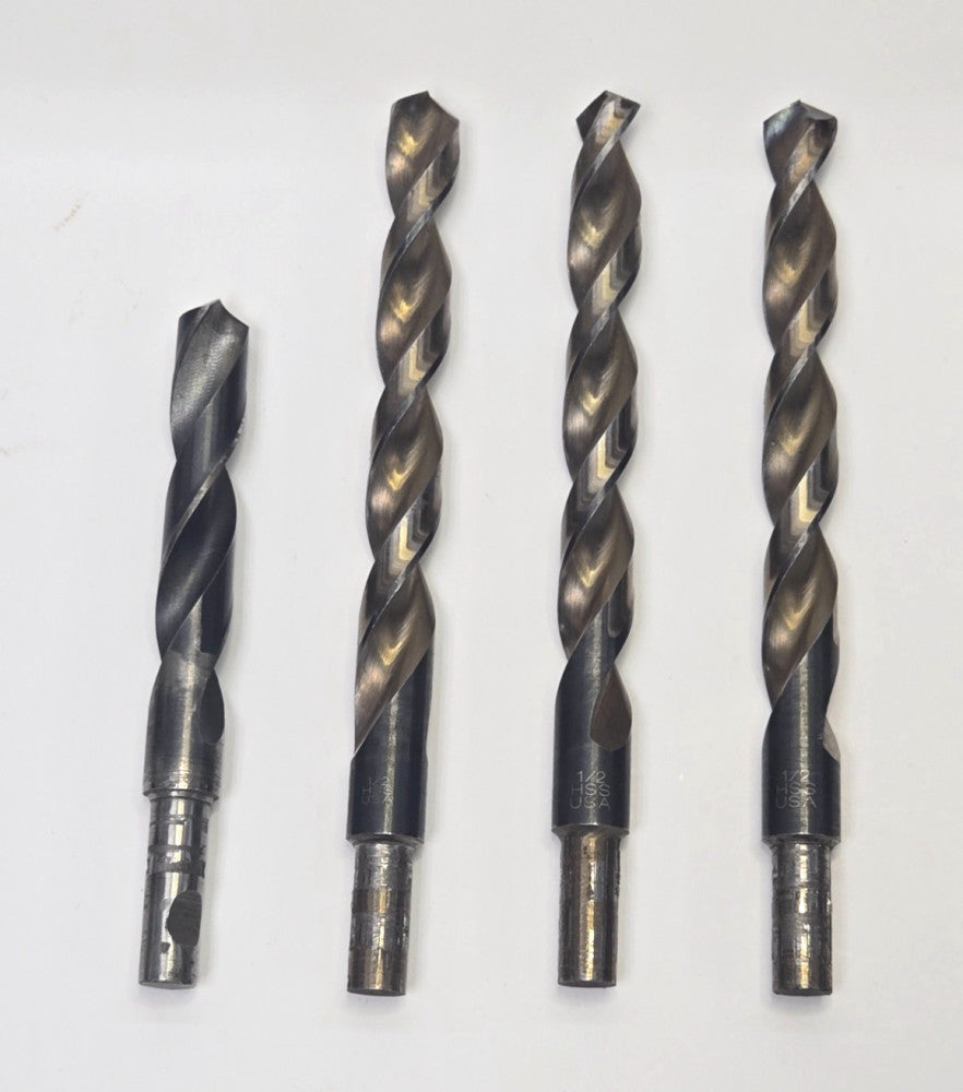 DRILL BIT 1/2" 2 FLUTES STEEL REDUCED SHANK 3-HSS-6" OAL 1-4-1/2" OAL *LOT OF 4*