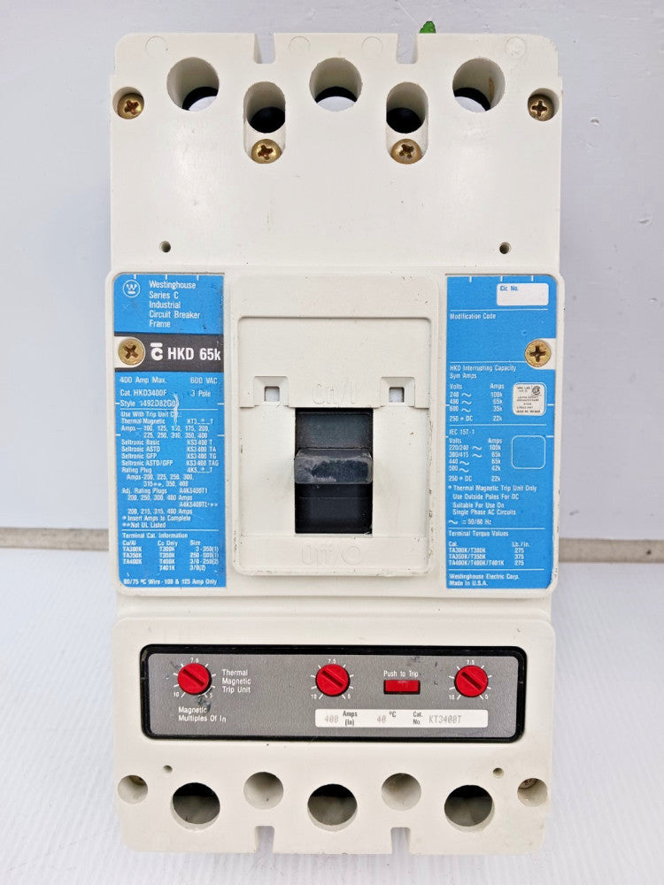 Westinghouse 400 Amp Circuit Breaker 3 Pole 600 VAC 65kA HKD3400F W/ 400A Trip
