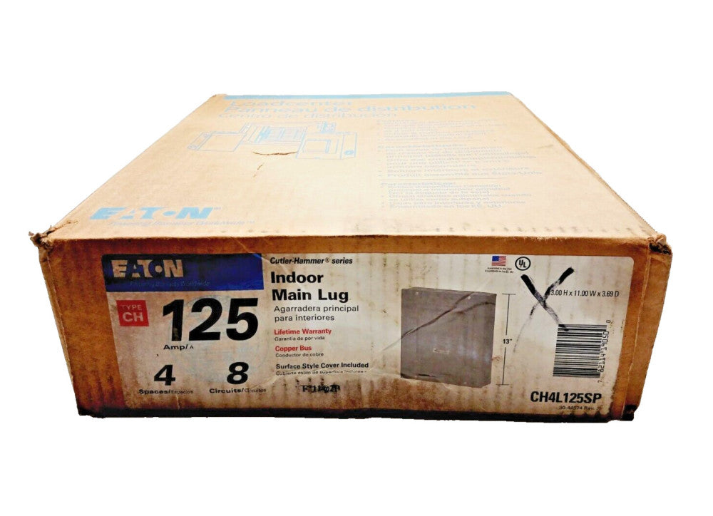 NEW EATON 125 AMP INDOOR MAIN LUG PANEL 4 SPACE 8 CIRCUIT 240 VAC CH4L125SP