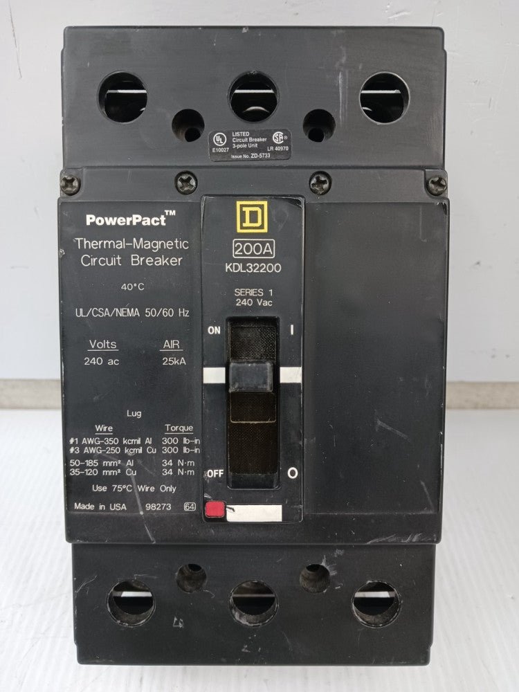 New Square D PowerPact 200 Amp Circuit Breaker 3 Pole 240 VAC 25kA KDL32200