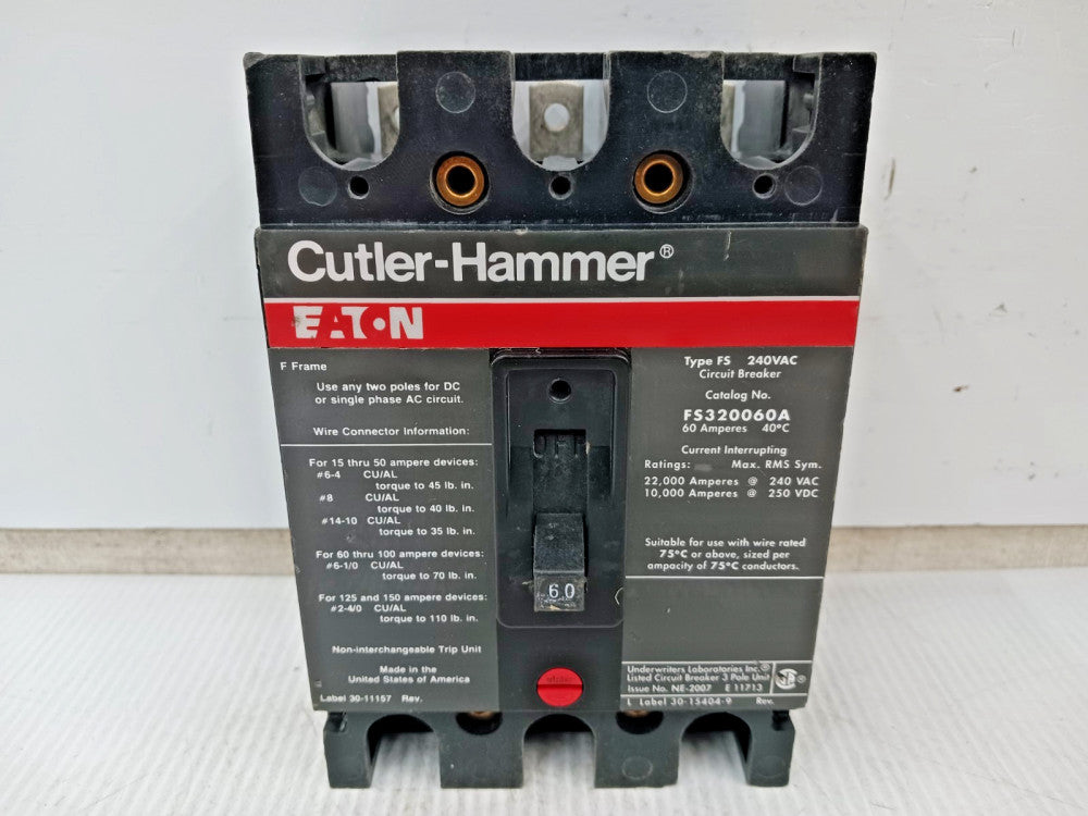 Eaton 60 Amp Circuit Breaker 3 Pole 240 VAC / 250 VDC 22kA FS320060A