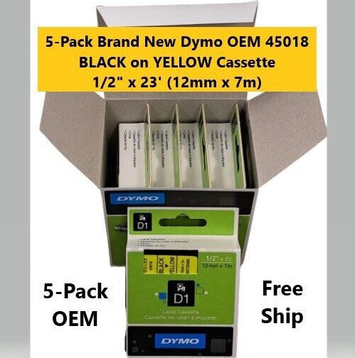 5-Pk OEM Dymo 45018 BLACK on YELLOW Label Cassette for Dymo Pocket D1 Labeler