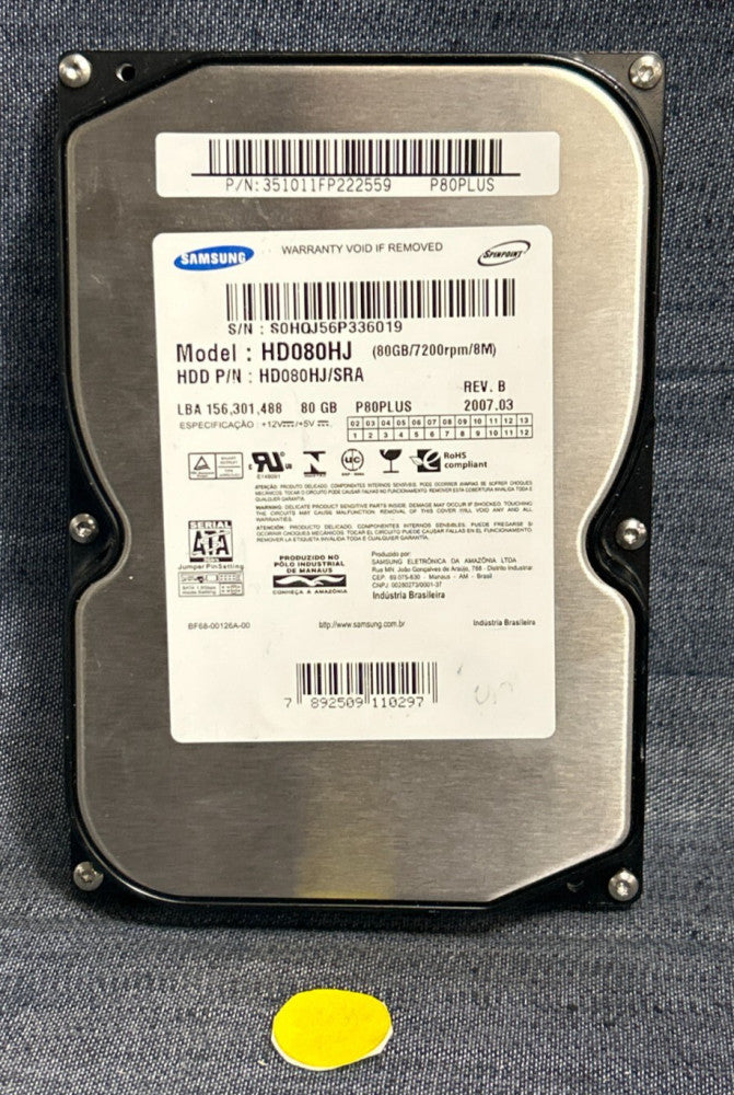 SAMSUNG HARD DRIVE HD080HJ/SRA 80GB 7200 RPM REV B