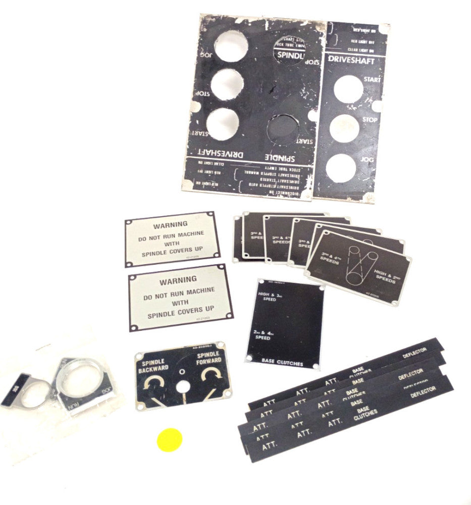 METAL INFO PLAQUES FOR LATHES, MILLING MACHINES, DRILL PRESSES (LOT OF 22)