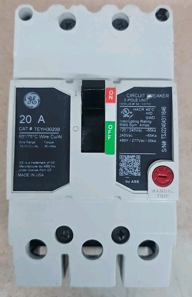 GE TEYH3020B 35kAIC @ 480V 20A 3-Pole Circuit Breaker NTO