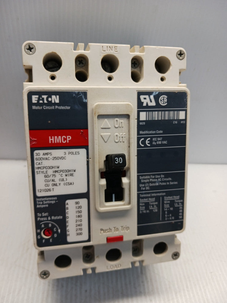 New Eaton 30 Amp Motor Circuit Protector HMCP030H1W 3 Pole 600 Vac