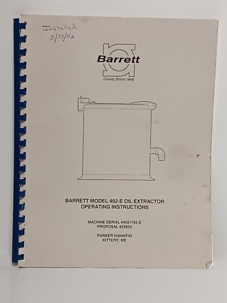 Barrett Model 402-E Oil Extractor Installation + Operating Instructions Manual