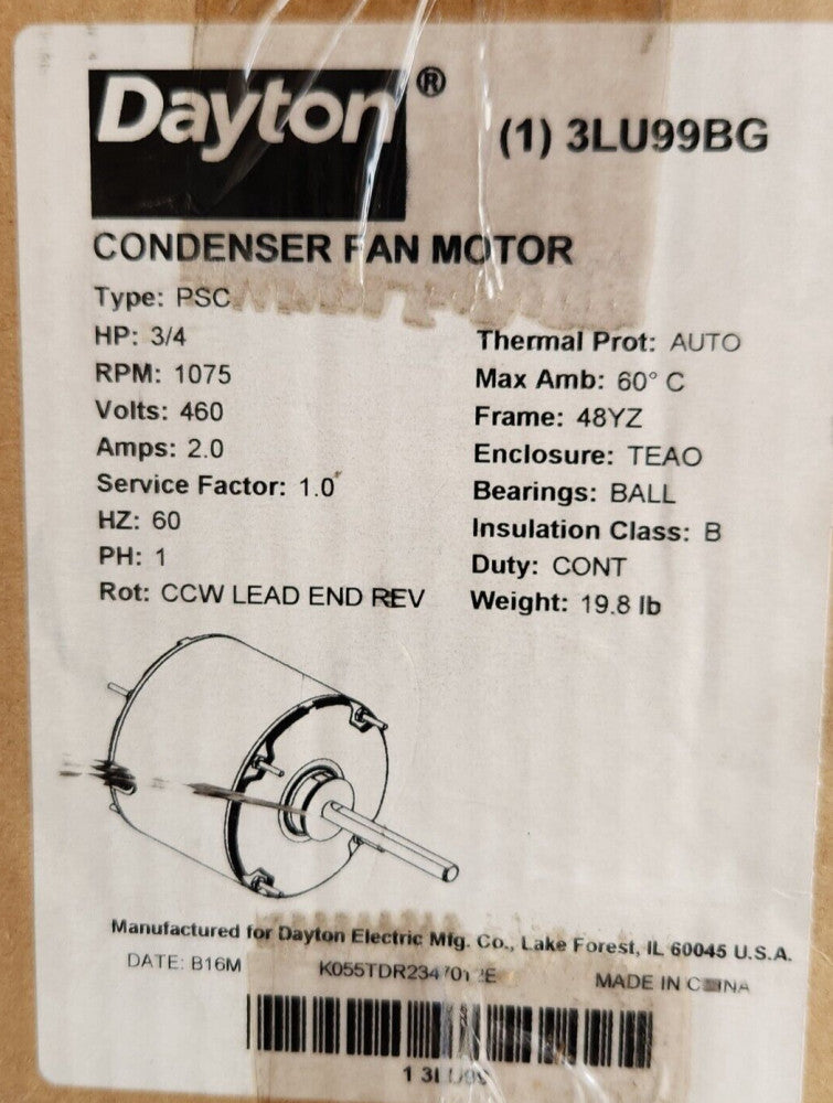 DAYTON 3LU99BG Motor 3/4 HP, 1075 rpm,48YZ 460V 2A RSC NEW