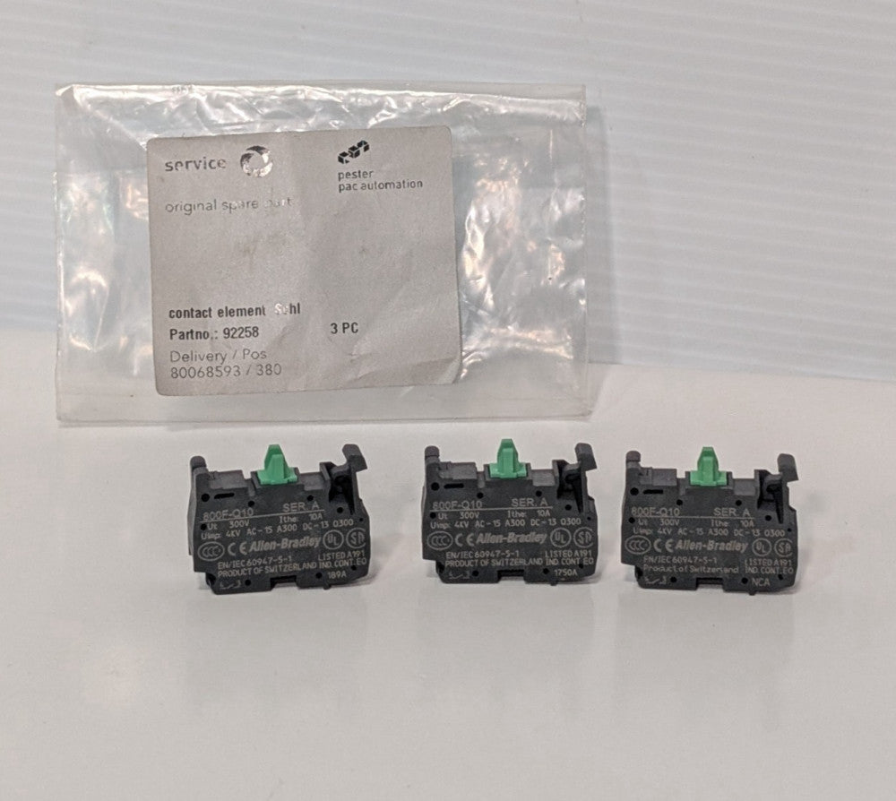 (3) Allen-Bradley 800F-Q10 Contact Blocks, Ser A, 300V, 10A, Made in Switzerland