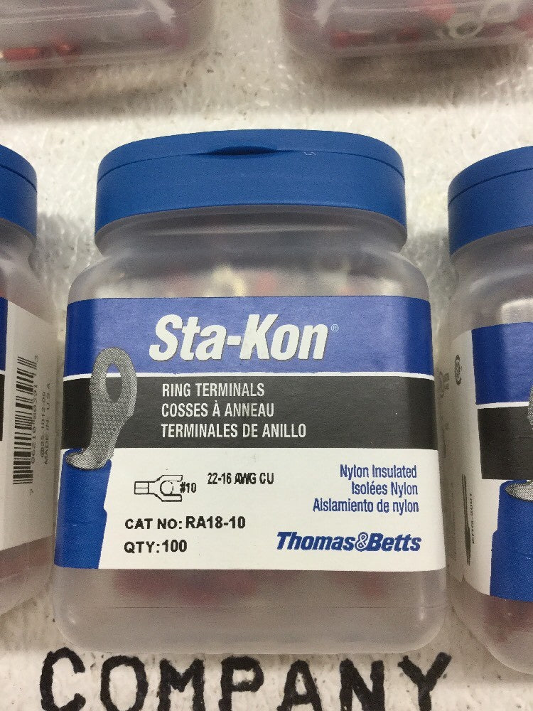 Thomas & Betts STA-KON RA18-10 Ring Terminal 22-16 AWG CU (Box Of 100) NIB