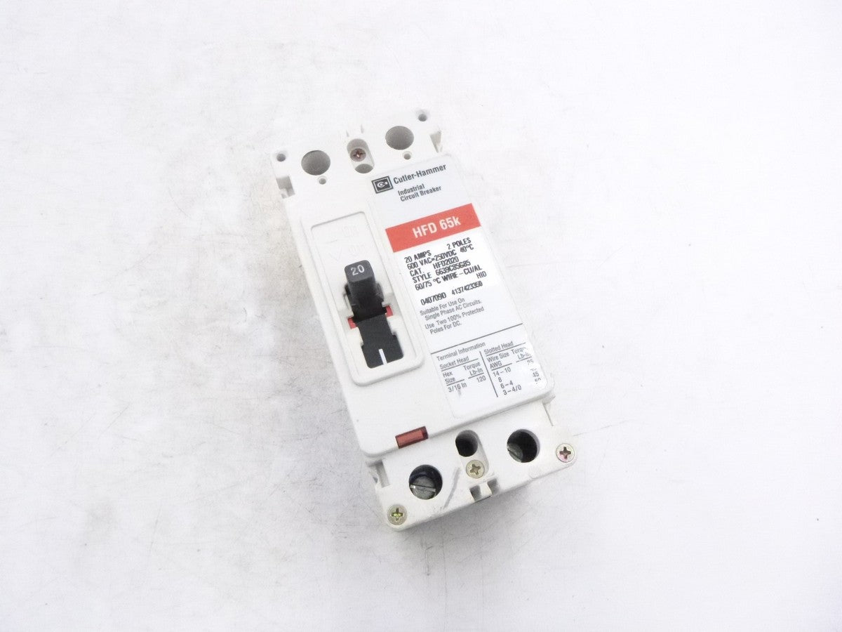 Eaton HFD2020 Molded Case Circuit Breaker 20A 2 Pole 600VAC 100kA @ 240VAC