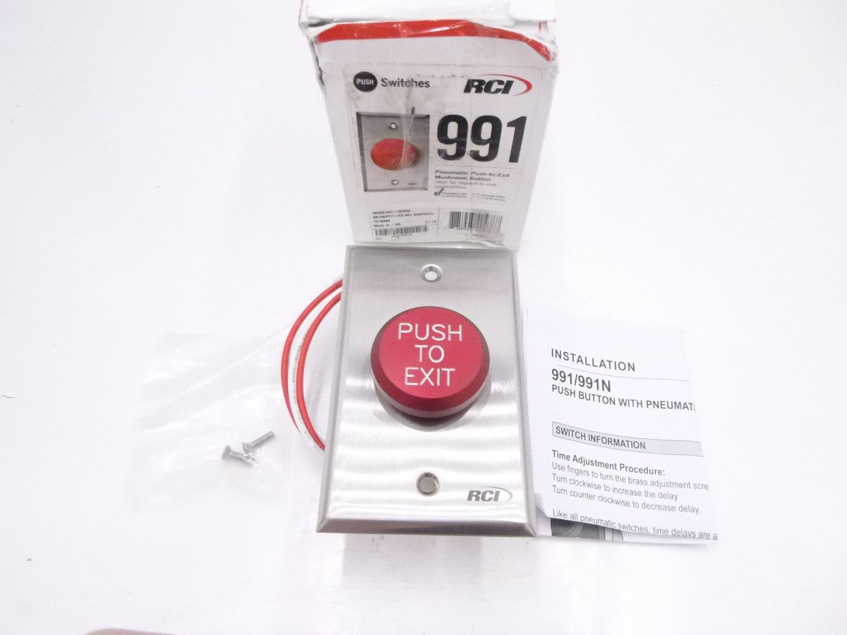 RCI 991 Series Pneumatic Push to Exit Mushroom Push Button 1-45 Second Delay Red