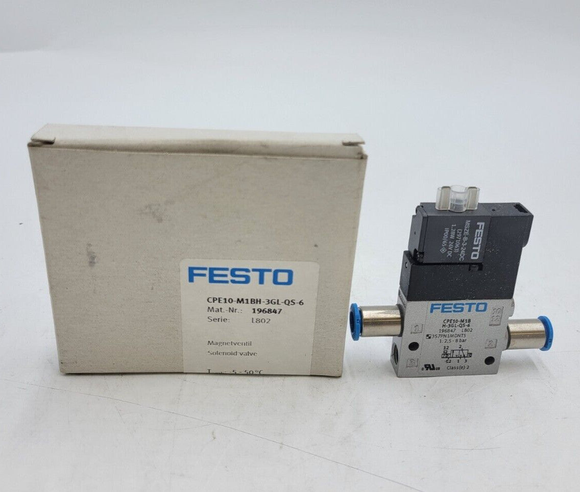 Festo CPE10-M1BH-3GL-QS-6 Solenoid Valve Air 10MM 24VDC Plug Pattern ZC 3/2-Way
