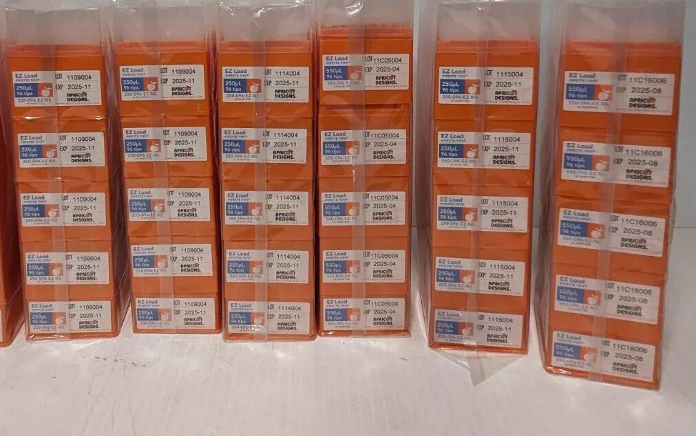 Lot of 2880 Apricot Designs 50-, 250-, 550-096-EZ-NS pipette tips, 50, 250,550μL
