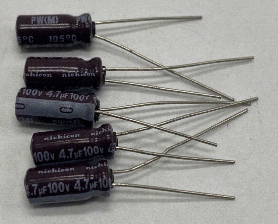 Pack of 5, Nichicon PW series UPW2A4R7MDD electrolytic capacitor 4.7uf/100V