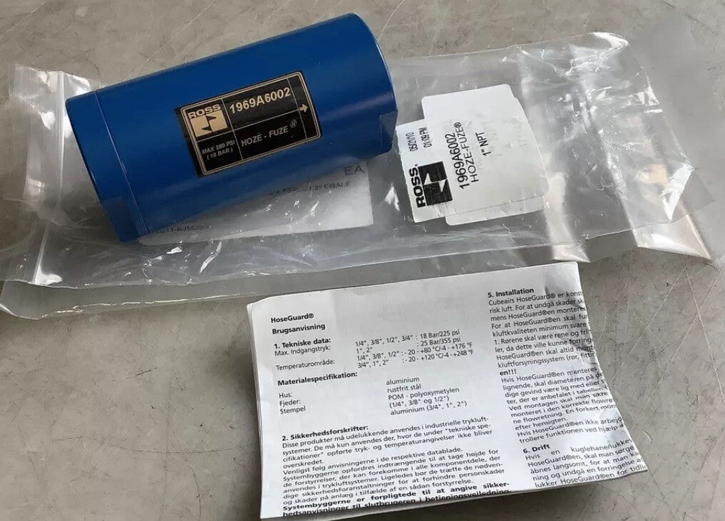 ROSS 1969A6002 HOZE-FUZE SAFETY SHUTOFF VALVE FEMALE 1IN NPT. NEW, SEALED BAG.e2