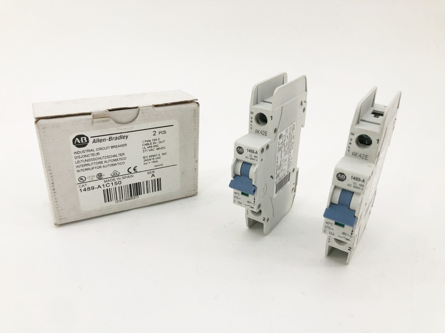 Box of 2 New Allen-Bradley 1489-A1C150 Circuit Breakers 1P 15A 277VAC 48VDC