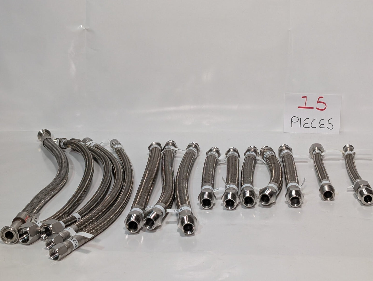 (15) Braided 316 Stainless Steel Flex Hoses, Assorted Lengths Sizes Ports