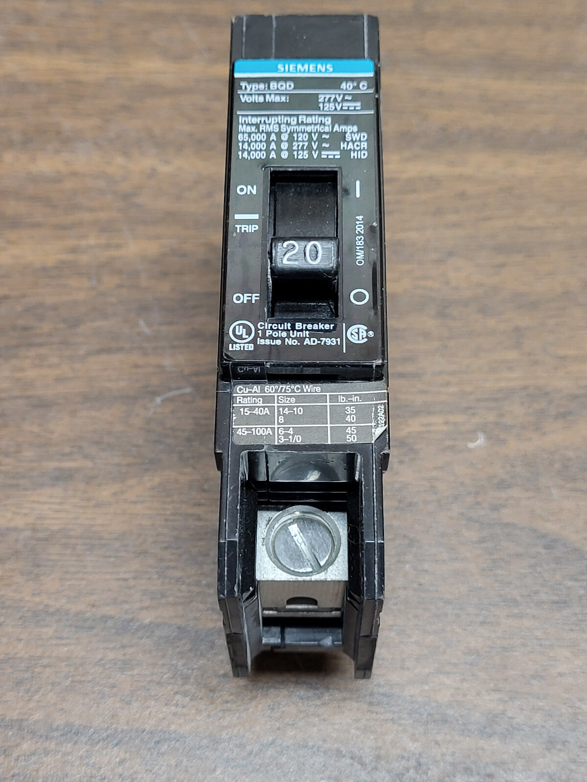 SIEMENS BQD120 BREAKER BOLT IN 1POLE 20AMP 120-277VOLT AC NEW