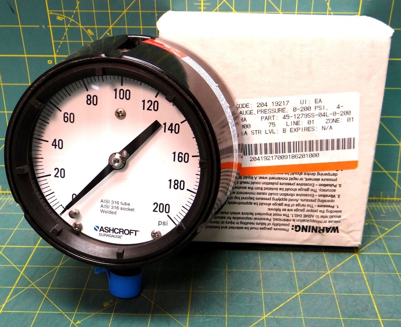 Ashcroft 4 1/2" Duragauge 45-1279-SS-04L-200# 0-200 PSI 1/4" NPT Bottom Connect