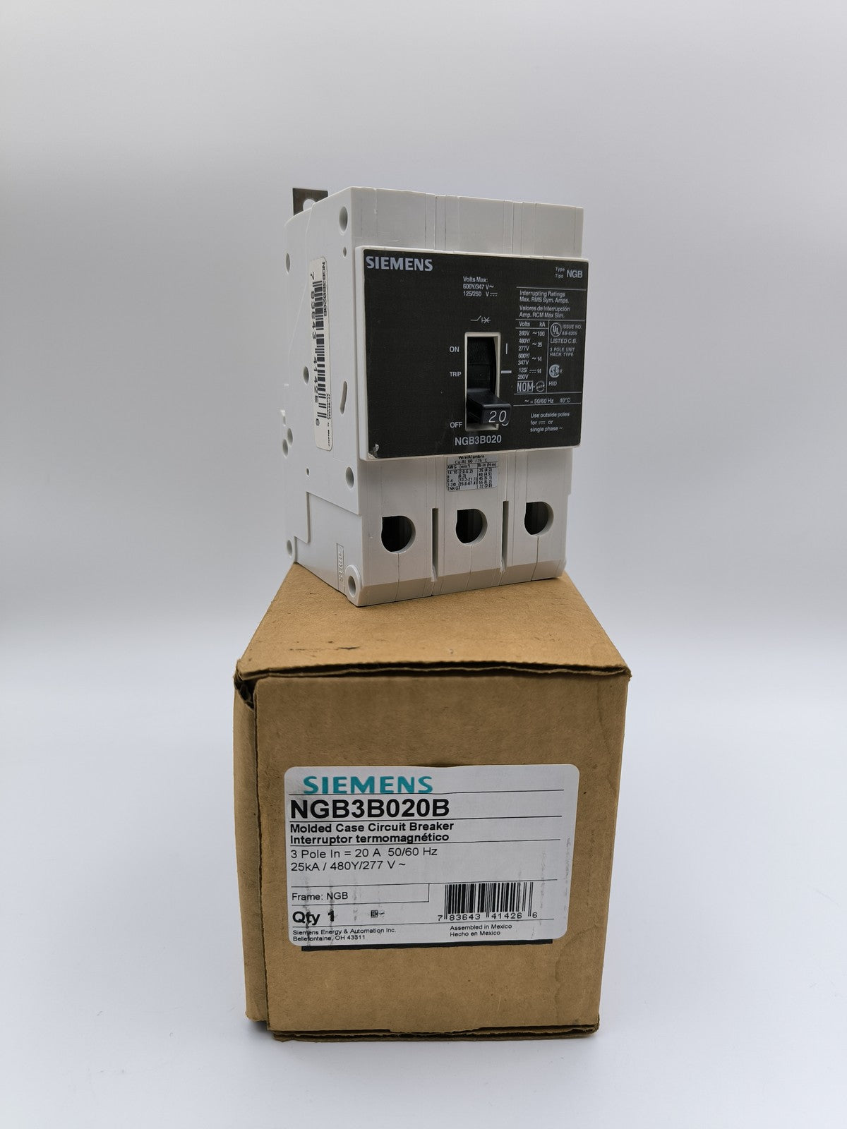 Siemens NGB3B020B Circuit Breaker 20A 3P 25kA 480Y/277V NGB