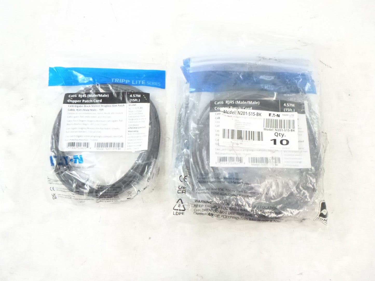 10 Pack Eaton Tripp Lite Cat6 Gigabit Snagless Slim UTP Ethernet Cable RJ45 15'