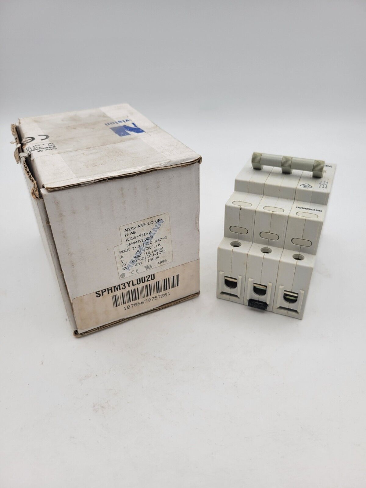 Heinemann SPHM3YL0020 DIN Rail Circuit Breaker 20A 480V 3P 3PH Type AD3S 20 Amp