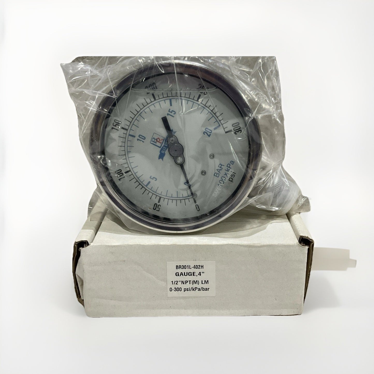 BLUE RIBBON BR301L-402H LIQUID FILLED 4” PRESSURE GAUGE 0-300 PSI 1/2”NPT. G5