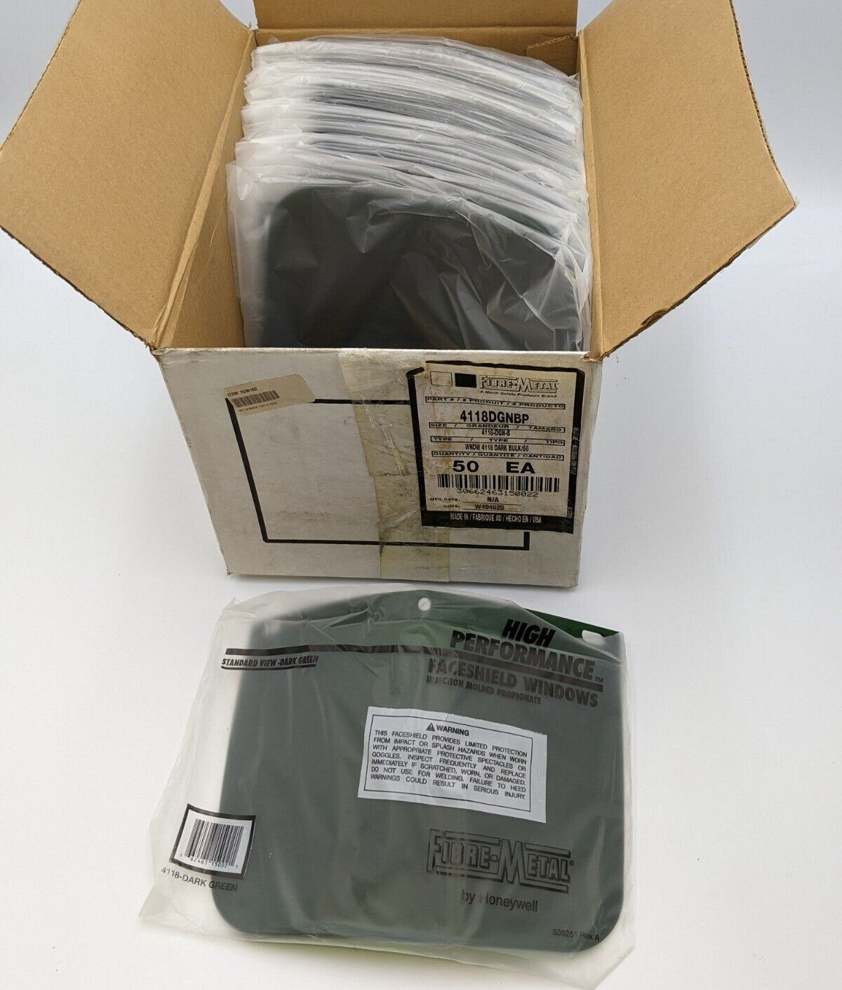 50 PC Fibre Metal 4118DGNBP Faceshield Window Dark Green High Performance F300