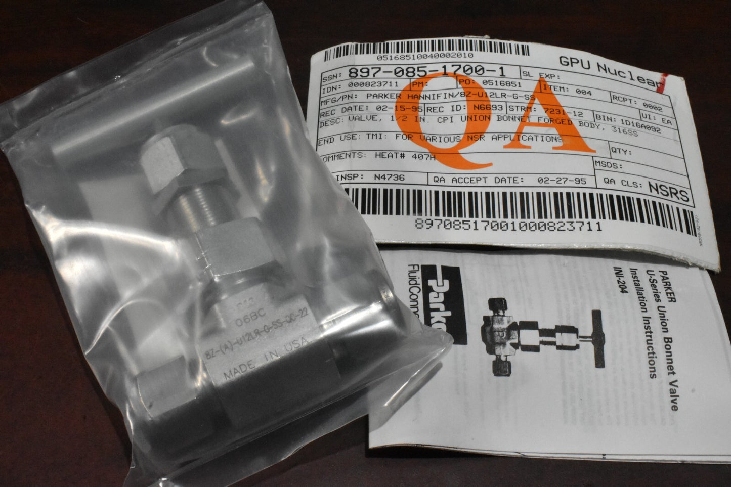 Parker 8Z-(A)-U12LR-G-SS-QC-22 Union Bonnet CPI Valve, 1/2" Tube (8Z-U12LR-G-SS)