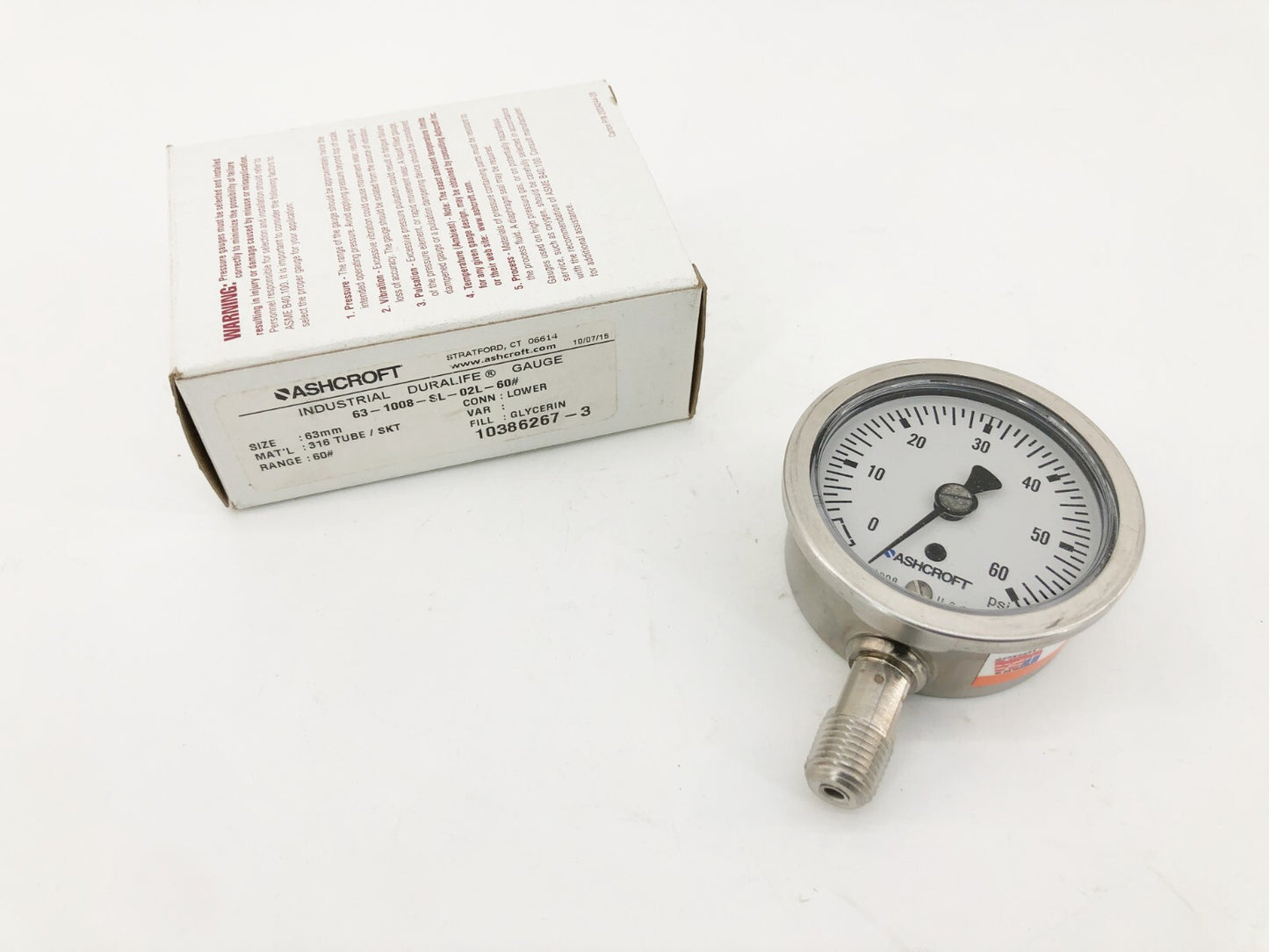 New Ashcroft 63-1008-SL-02L-60# Duralife Gauge 63mm 60psi Lower Mount 10386267-3