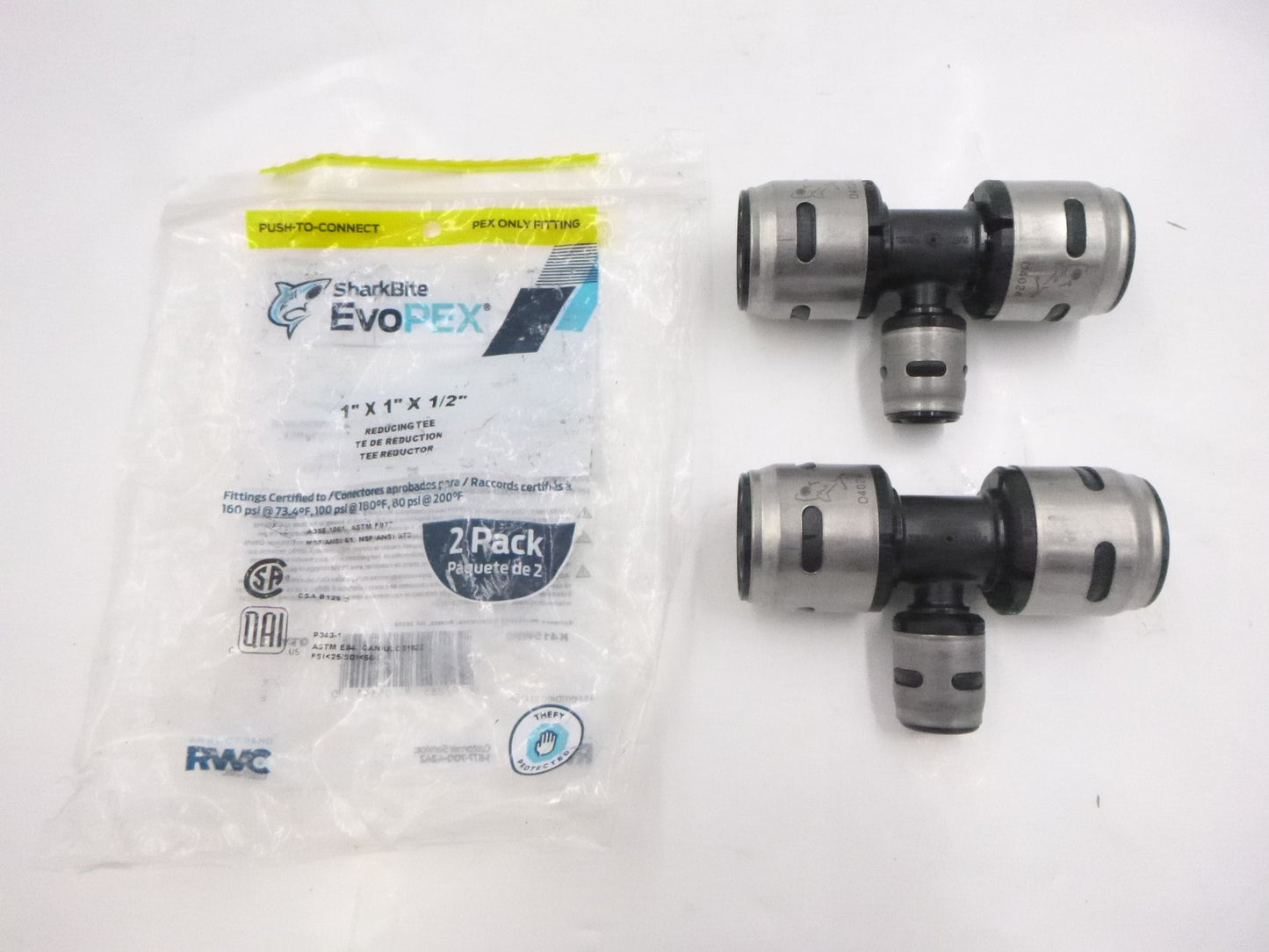2 Pack SharkBite EvoPex 1"x 1"x 1/2" Reducing Tees K415WP2 Push To Connect