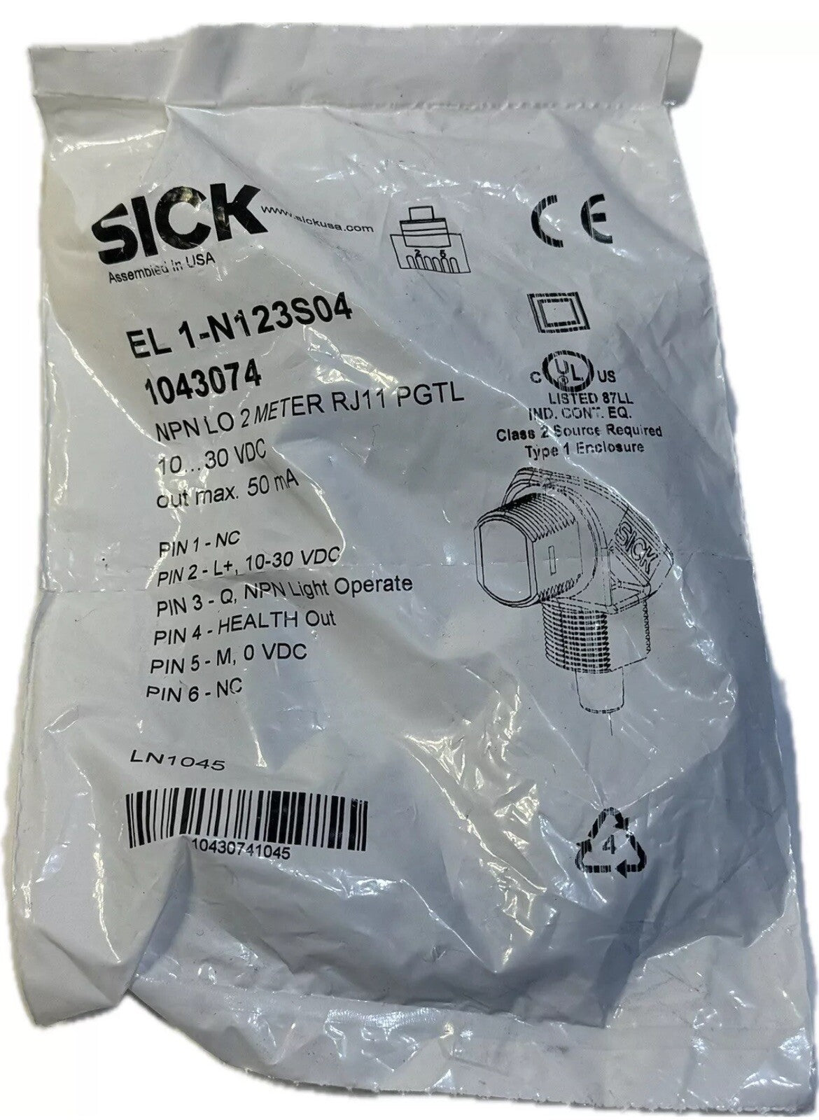 Sick EL 1-N123S04 1043074 NPN LO 2 Meter RJ11 PGTL Photoeye Polarized Retro-Refl