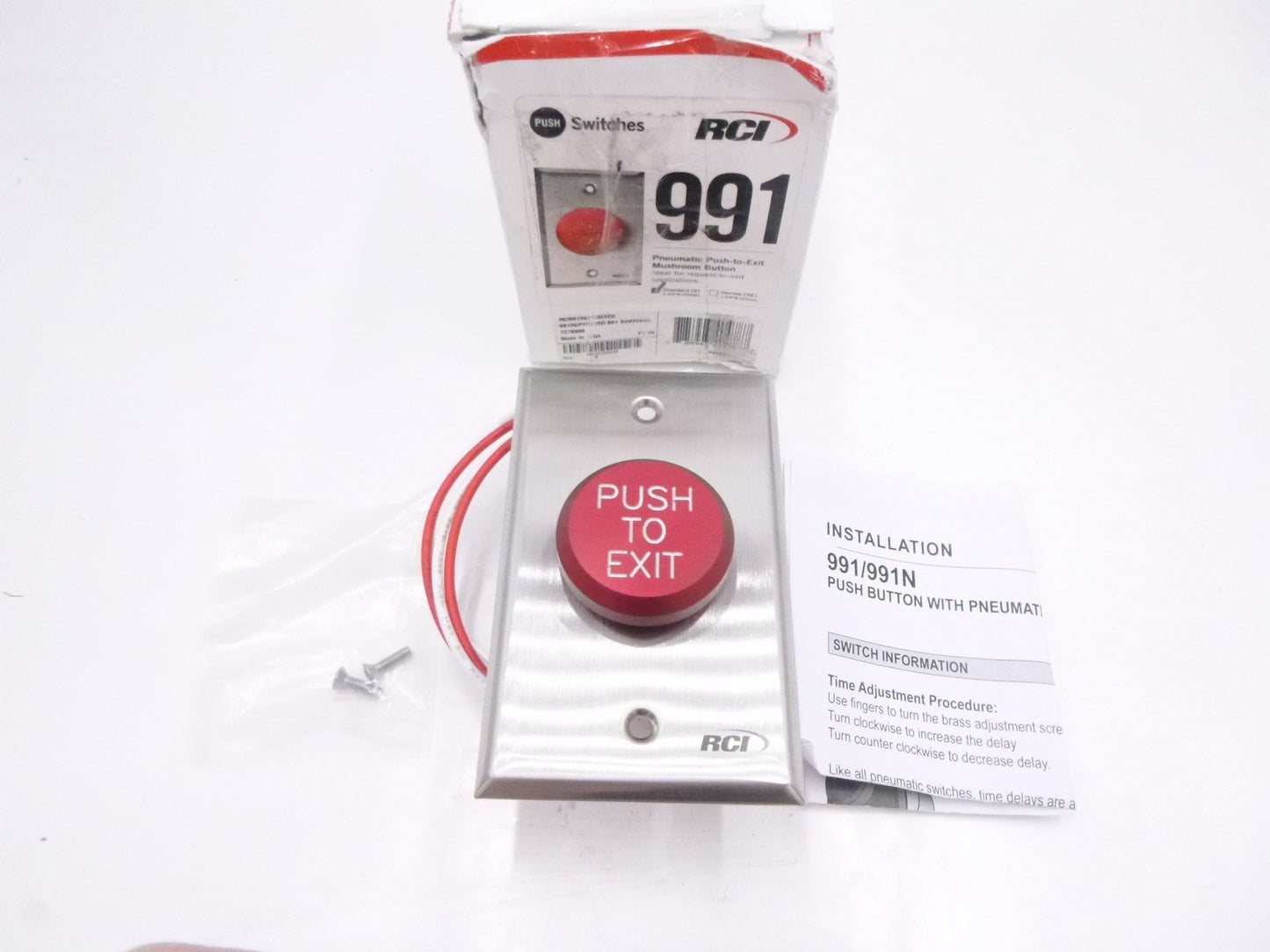RCI 991 Series Pneumatic Push to Exit Mushroom Push Button 1-45 Second Delay Red