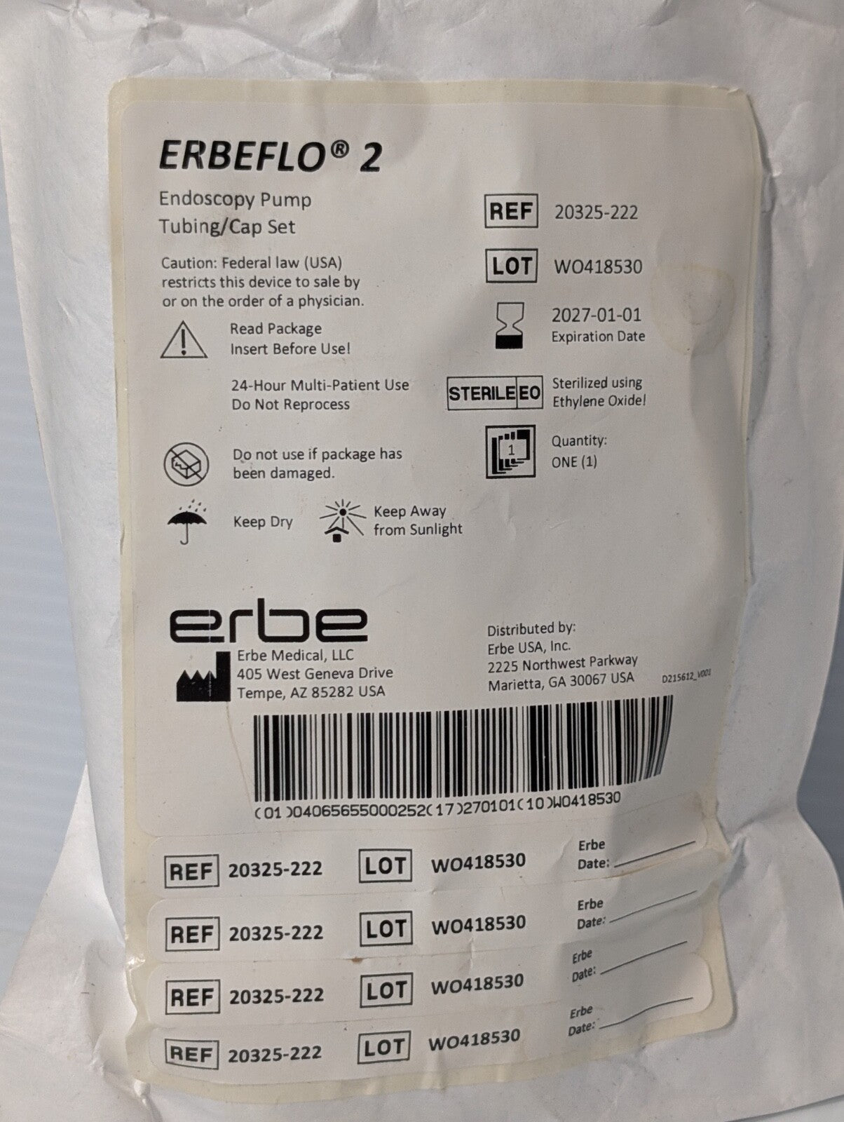 Lot of 6 Erbeflo2 20325222 Endoscopy Pump Tubing & Cap Set, Original Packaging