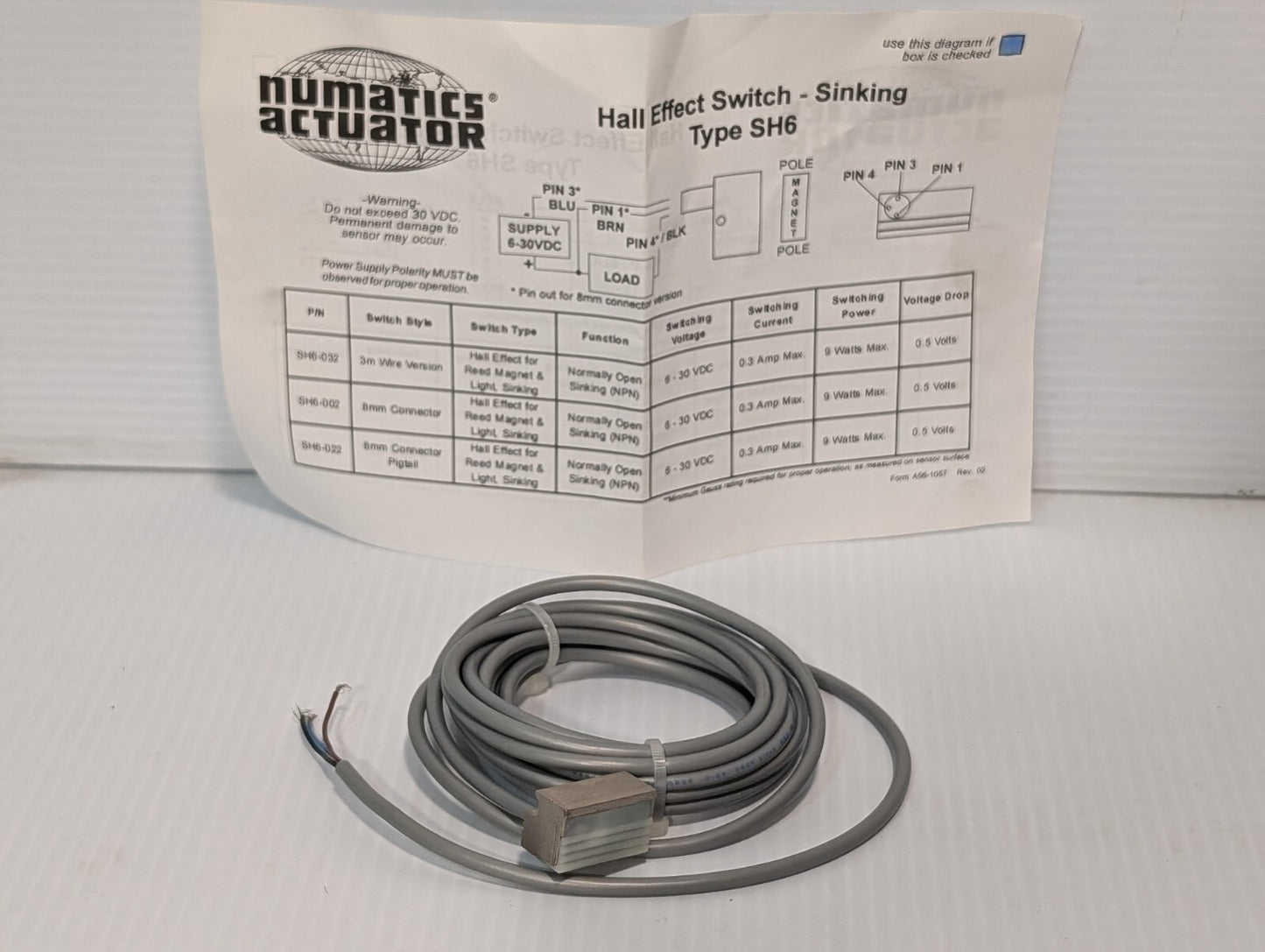 Numatics SH6-032 Hall Effect Position Switch Sensor, 3M Cable
